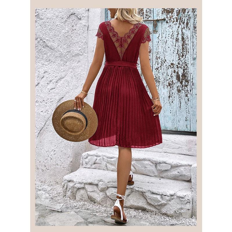 VEZFAA Kvinnemote Sommer Våren Ensfarget Print Kortermet V-hals Høy midje Uformelle kjoler