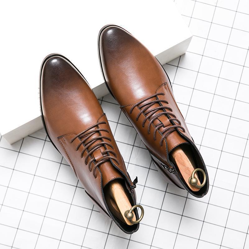 Men's Korean Style Mid-Calf High Heel Leather Boots - Pointed Toe Hairstylist Business Shoes