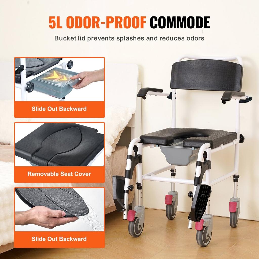 Shower Commode Wheelchair with 4 Lockable Wheels, Footrests, Flip-up Arms, 3-Level Adjustable Height, 5L Removable Bucket, 350 LBS Capacity, Commode