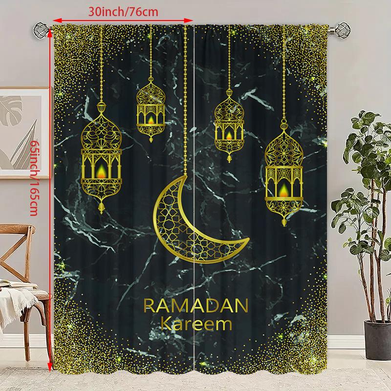 

Set Of 2 Gold Moon Printed Curtain Polyester Semi Transparent Material Suitable Bedroom Curtains Ideal For Master W100*H70(CM)-Rod Pocket&2PCS
