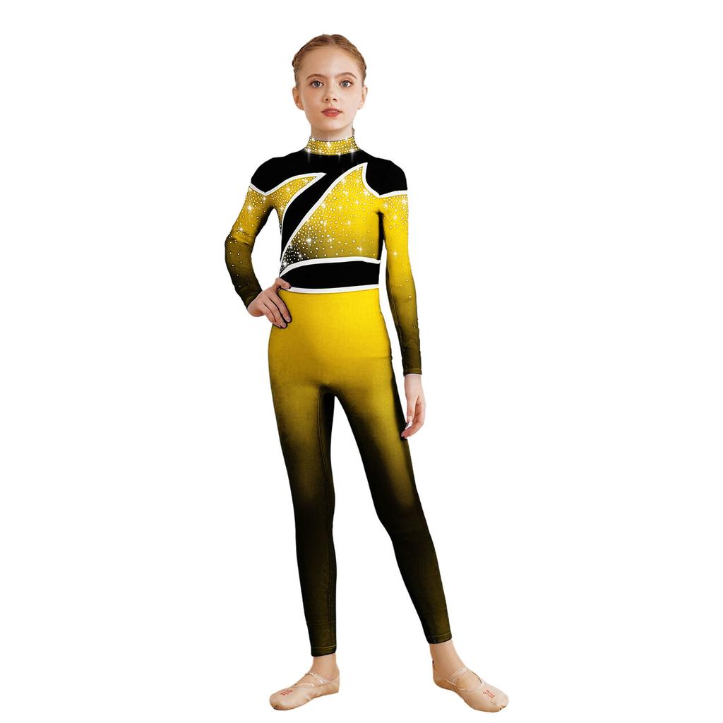 Kids Gymnastics Costume Color Block Bodysuit Mock Neck Long Sleeve Shiny Rhinestones Back