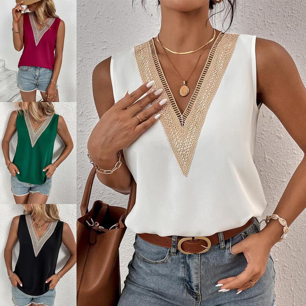Women's 2023 Summer Chiffon V-Neck Sleeveless Solid Color Vest Shirt