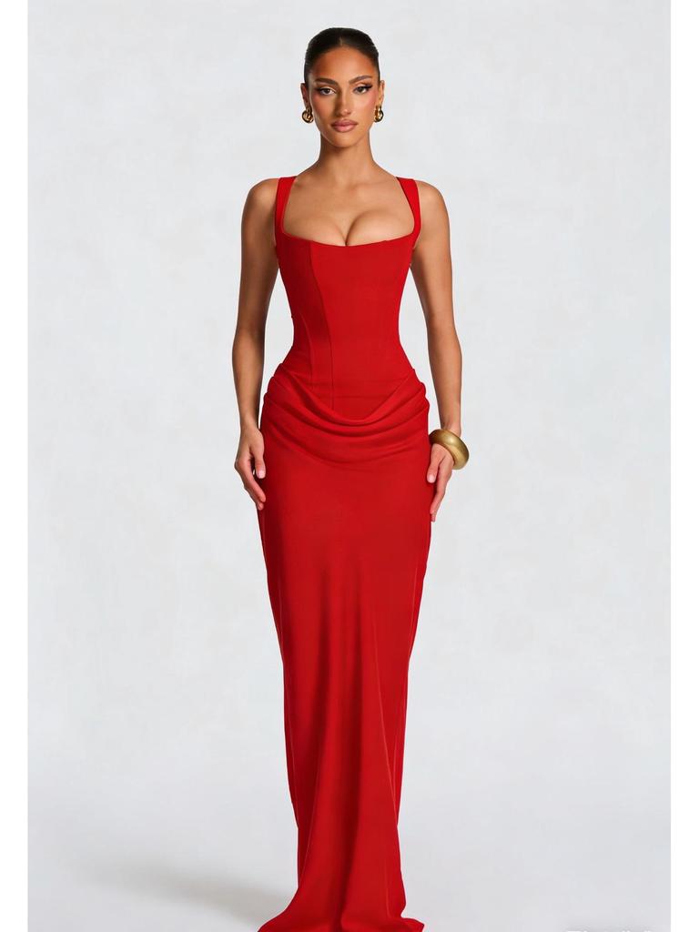 Women's Spring Slim Fishbone Strappy Long Dress - Solid Color Hip-Hugging Design