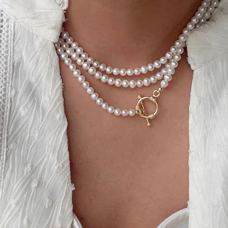 Korean style long natural freshwater pearl sweater chain, fashionable light luxury new multi-layered OT buckle versatile necklace for women