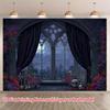 2D Gothic Halloween Cemetery Window Backdrop Photography Banner