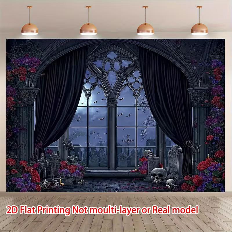 2D Gothic Halloween Cemetery Window Backdrop Photography Banner