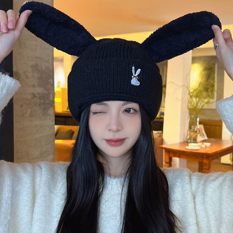 Glasses Rabbit Knitted Warm Hat Women's Cold-proof Scarf Integrated Hat Outdoor Cycling Windproof Neck Cover One-piece Hat
