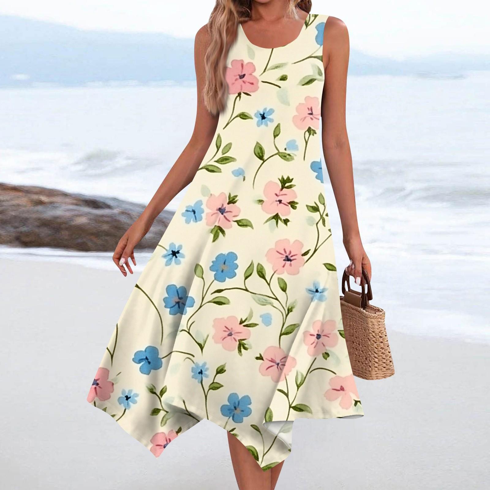 

Женское повседневное модное платье средней длины с круглым вырезом без рукавов с винтажным цветочным принтом и неровным подолом S бежевый