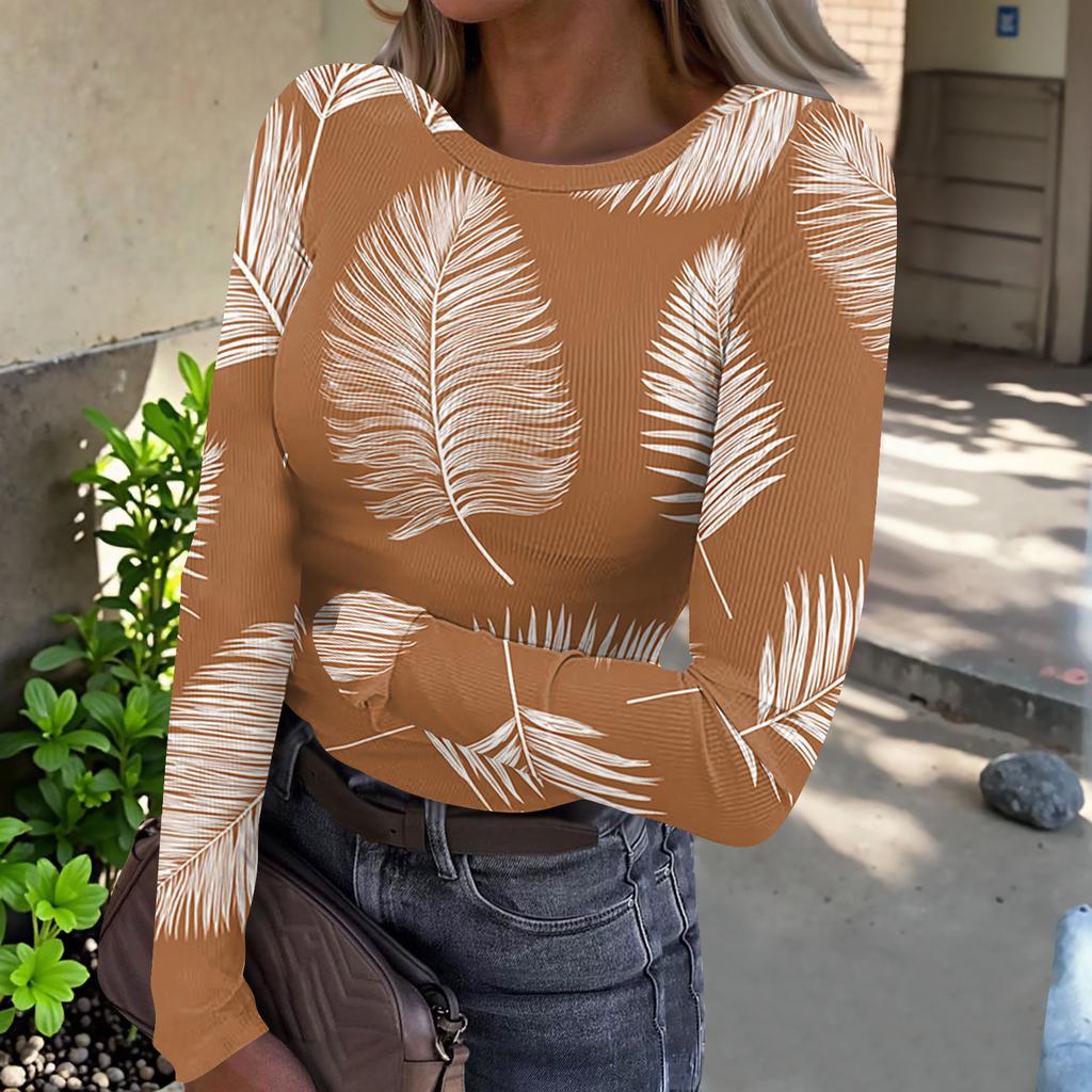 Women's Casual Fashion Round Neck Hawaiian Print Long Sleeve Ribbed Top