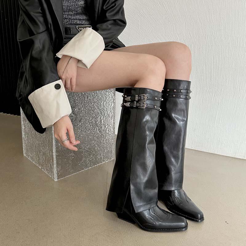 Design American Spice Girl Vintage Riveted Knight Boots Skinny Boots Pile Boots Long Boots Small Women's Boots Pants Boots
