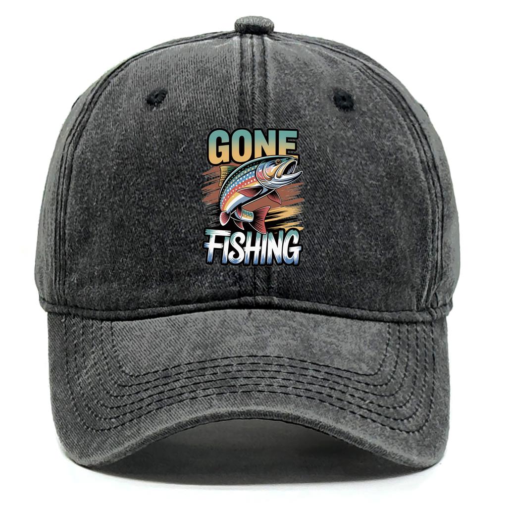 Classic Gone Fishing Dad Hat Vintage Washed Cotton with Fish Graphic Relaxed Outdoor Baseball Cap For Unisex Women