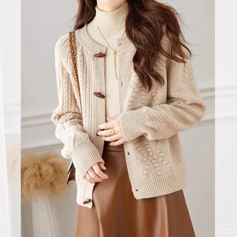 Corner buckle autumn and winter knitted cardigan retro commuter long-sleeved top loose and simple crew neck twist sweater jacket women