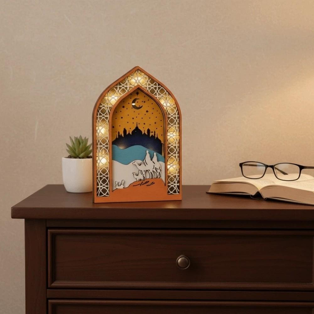 Creative Night Light Ornament LED Eid Wooden Decoration Handmade Eid Desktop Ornament  Scene Layout