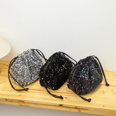 Fashionable Crossbody Bucket Bag with Women's Drawstring  Shoulder Bag Colored Sequin Bag