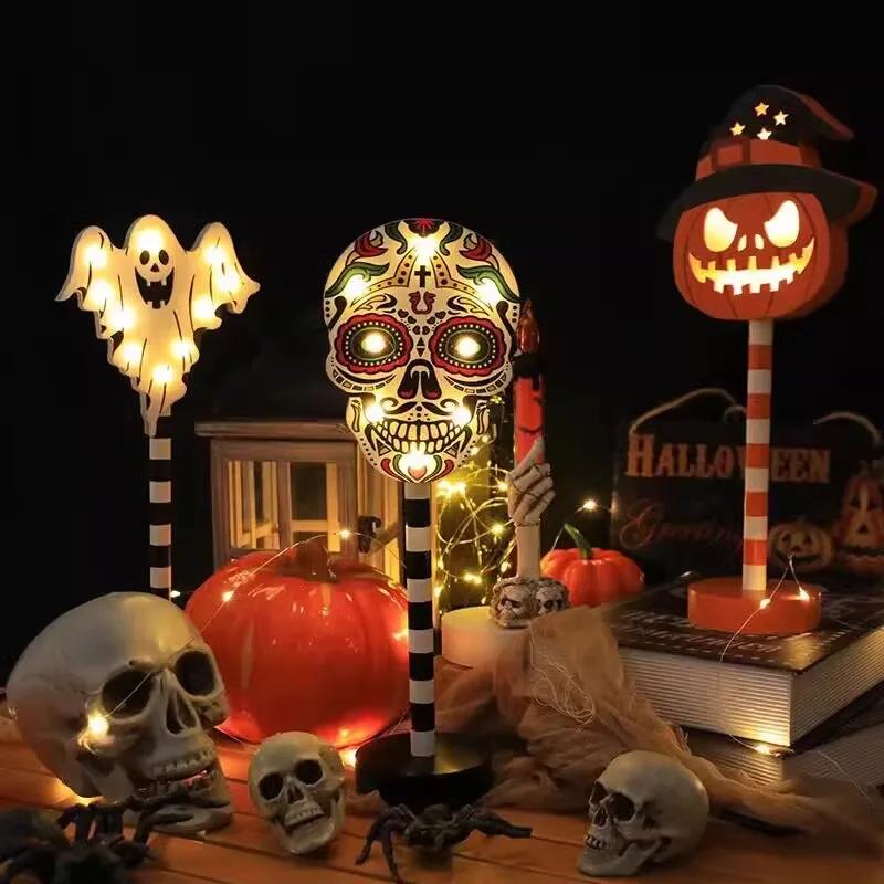 Halloween LED Pumpkin Ghost Skull Light Halloween Wooden Light Ornament Ghost Festival Decorative Lamp for Party Decor