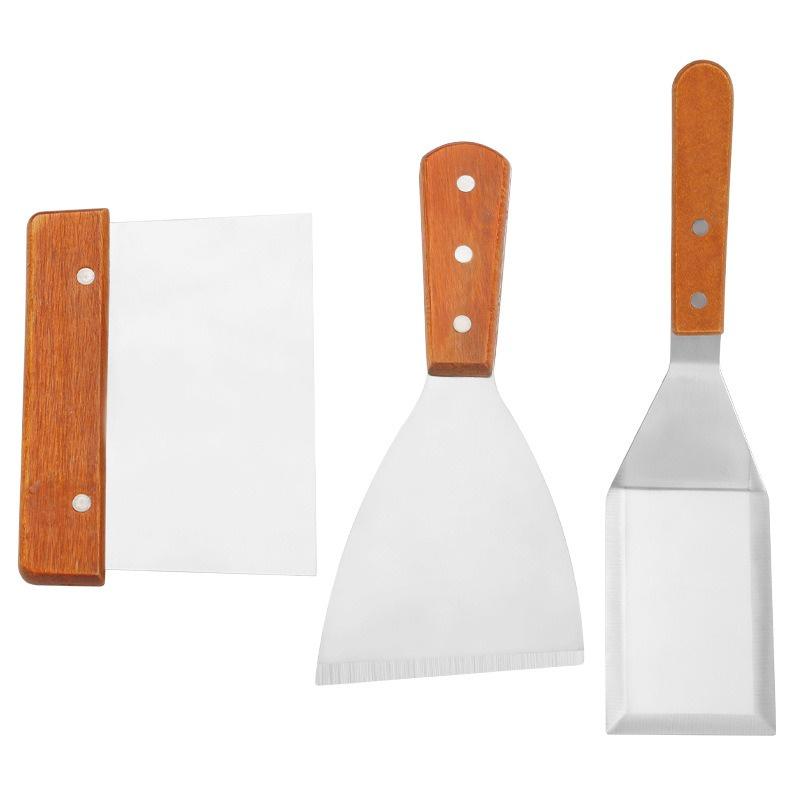 Stainless Steel Scrapers Non-stick Kitchen Grill Scraper Durable Wooden Handle BBQ Spatula Hamburger Patties Pizza Baking Tools