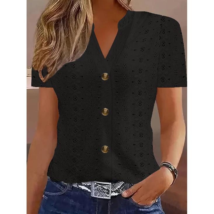 

2026 Spring/Summer New Women s Fashion Casual Solid Color Button V-Neck Short Sleeve T-Shirt XS чёрный