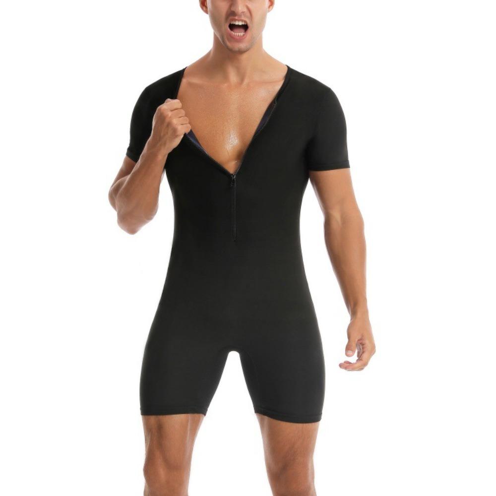 Sauna-Anzug für Herren 3 in 1 Ganzkörper-Formformer Taillentrainer Schweißshirt Kurzarm Trainings-Top mit Shorts Schlankmachender Jumpsuit Fitness-Leotard für das Fitnessstudio