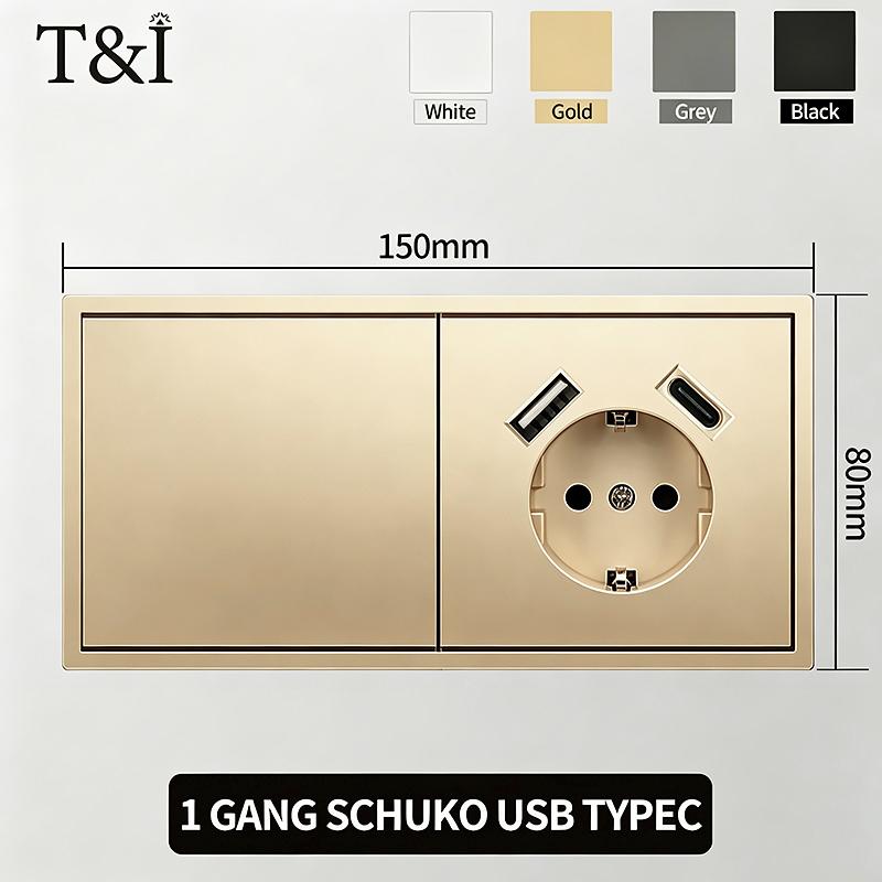 Flush Mount EU Electrical Socket 16A 250V with USB Type-C Charging 1/2 Gang Switch, 80x80mm Golden Panel for European Standard