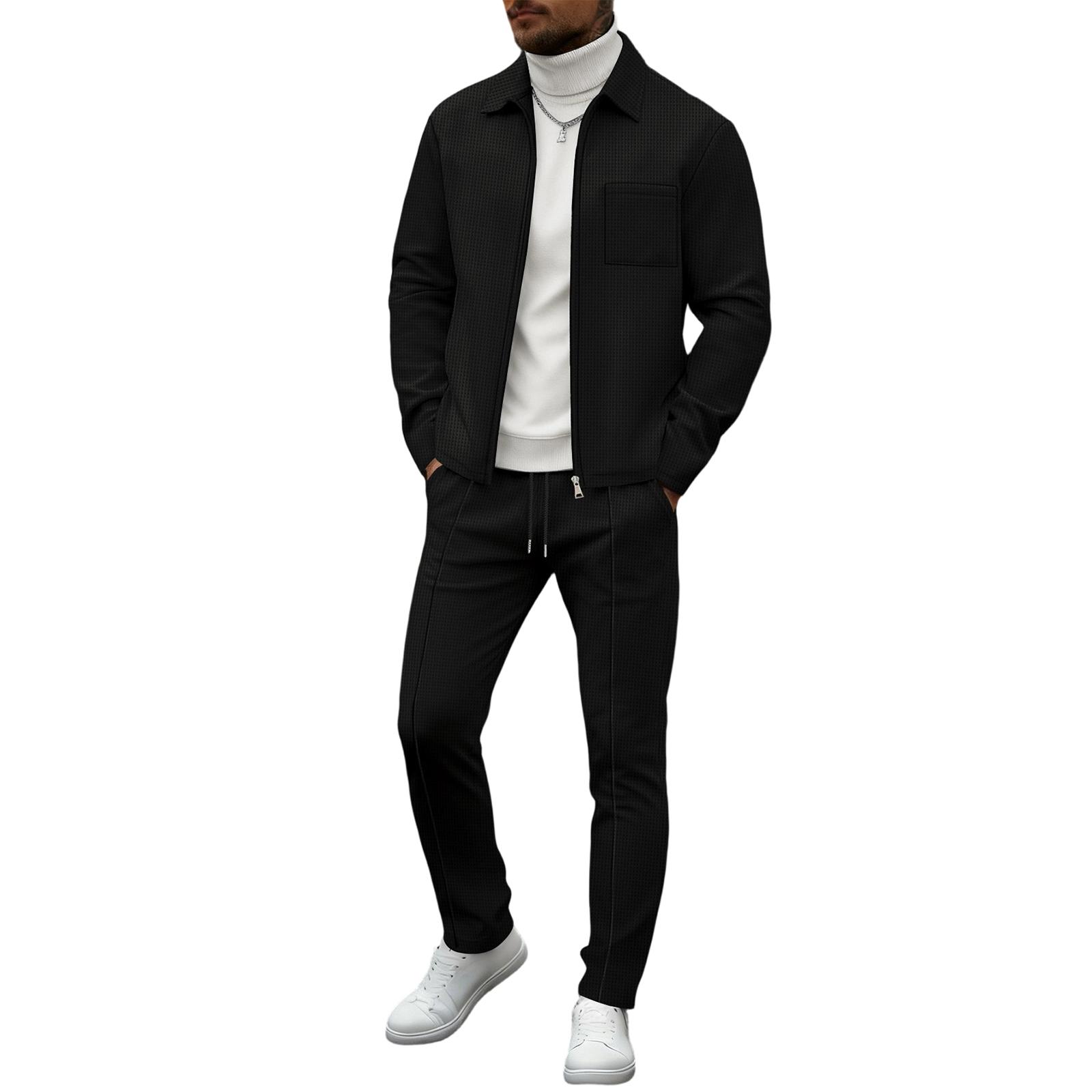 

Men’s Long Sleeve Shirt Jacket and Drawstring Pants Set Casual Waffle Knit Two Piece Outfit with Turtleneck Top L чёрный