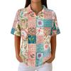 Women Fashion Casual Short Sleeve Waffle Knit Polo Collar Top with Patchwork Floral Print Loose Fit Button Down Shirt