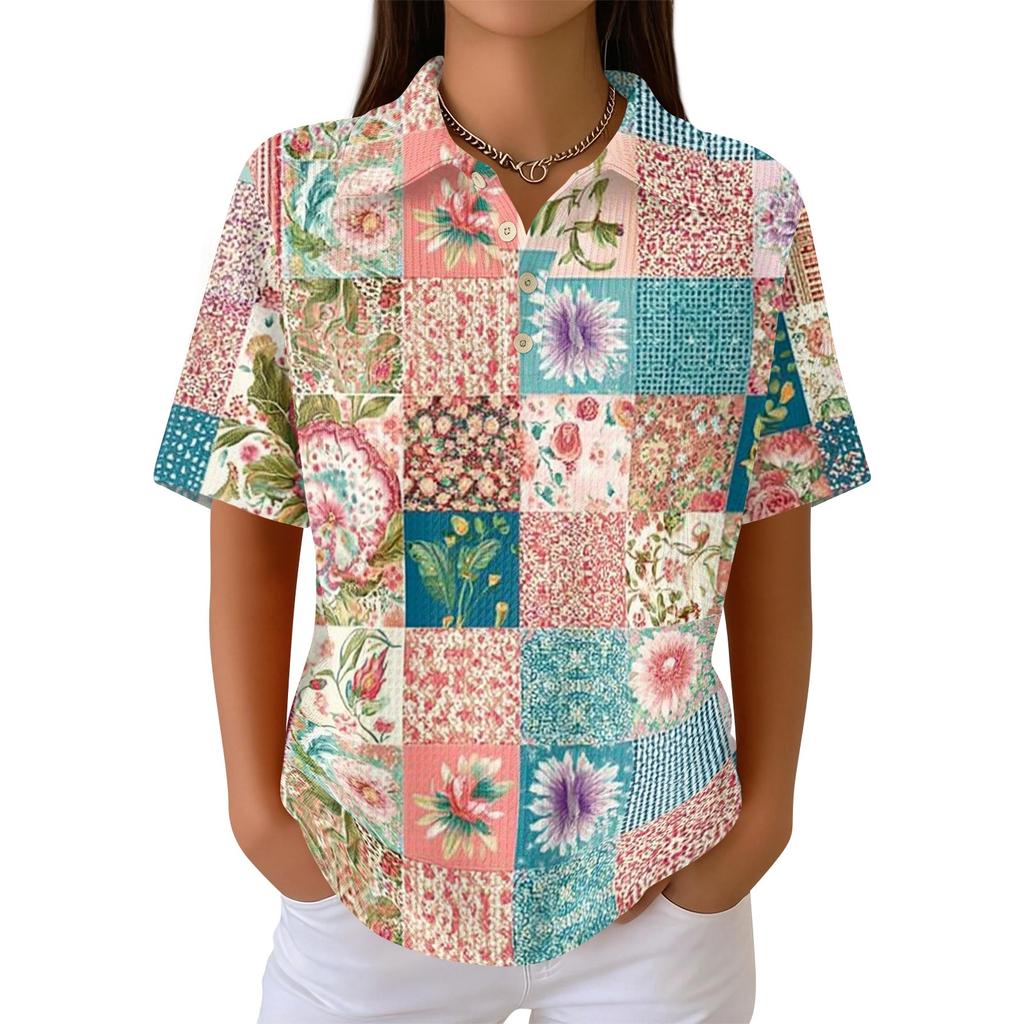 Women Fashion Casual Short Sleeve Waffle Knit Polo Collar Top with Patchwork Floral Print Loose Fit Button Down Shirt