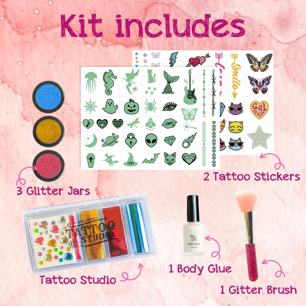 [XXTOYS] Tattoo Toys for Girls  3-color Glitter Powder (rose Pink, Gold, Blue) + 2 Tattoo Stickers + 1 Tattoo Glue + Foil Paper Set  Tattoo Set for