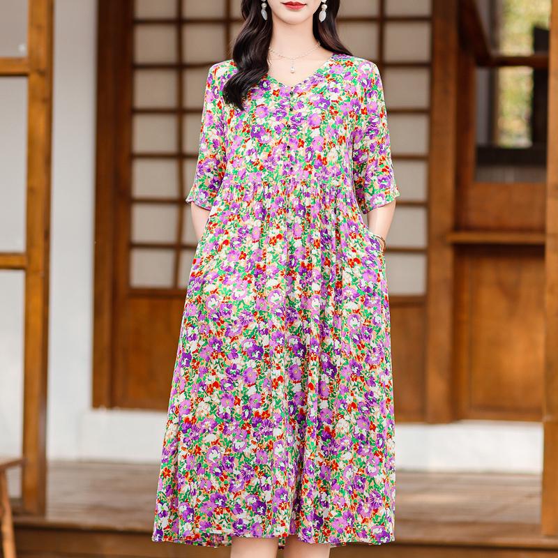 Elegant Women's Summer Dress Plus Size Half Sleeve Vintage Print Long Dresses Female Summer Clothes