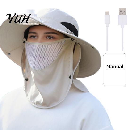 Men Outdoor Sun Hat Solar Fan with Face Guard Neck Flap UPF 50+ UV Protection USB Rechargeable Breathable Summer Fishing Wide Brim Bucket Cap UV-proof