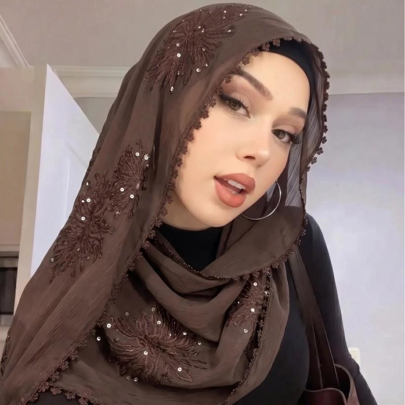 Lightweight Chiffon Scarf With Floral Embroidery Edge - Versatile Wrap Shawl Women Fall Winter