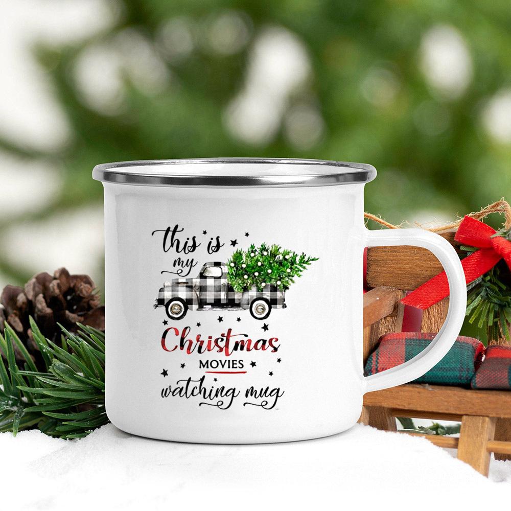 Christmas Tree Deer Truck Print Enamel Mugs Coffee Cups Christmas Party Dessert Hot Cocoa Chocolate Cup Gifts for Friends Family
