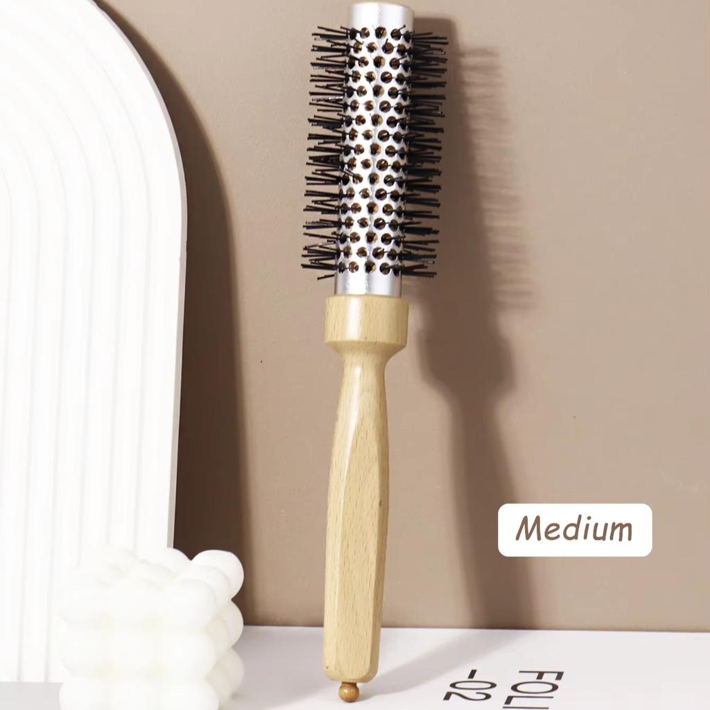 Hairstyling Nylon Hair Brush - Hair Dryer Cylinder Curling Comb - Aluminum Tube Comb and Wooden Handle