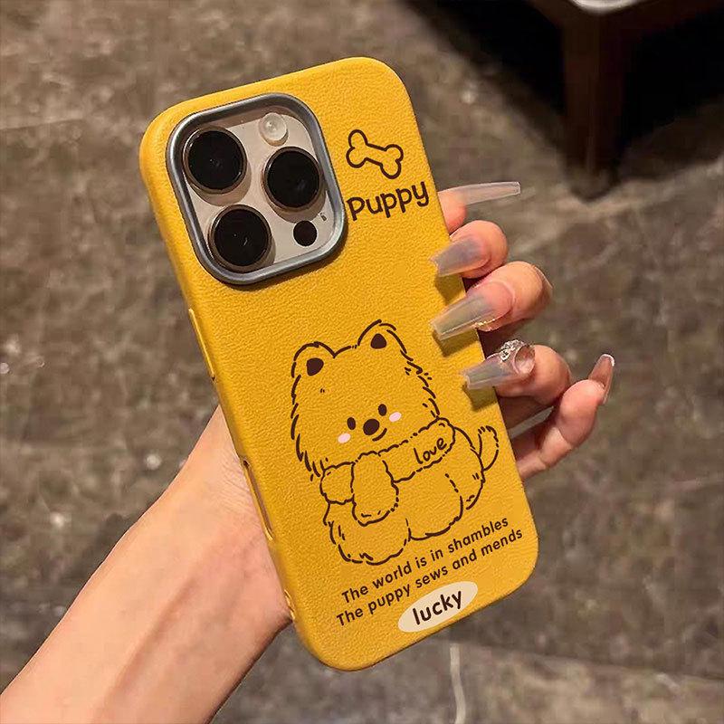 Cute Line Puppy Soft Shell Suitable for Apple 16 Mobile Phone Case IPhone 15 Protective Case 14 13 Leather Pattern Large Hole