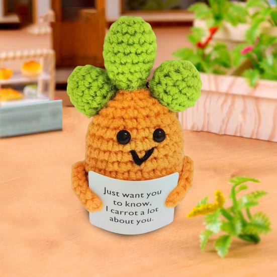 1/2Pcs Positive Crocheted Vegetable with Encouraging Card Emotional Support Handmade Knitting Carrot Broccoli Toy Doll Kids Adults Gift