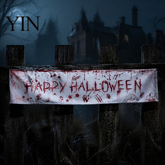 Spooky Backdrop for Home Large Happy Halloween Banner Outside, 70 x 15 Inch Yard Sign Reusable Flag, Welcome Garden Fence Party Decoration Front Porch