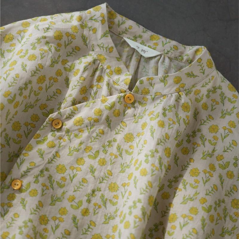 Johnature Women Vintage Print Floral Shirts Tops Stand Puff Sleeve Blouses Summer Chinese Style Female Shirts