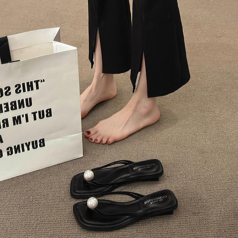 

Beautiful flip-flops for women s summer wear, new pearl with skirt, low heel toe sandals 40 чёрный