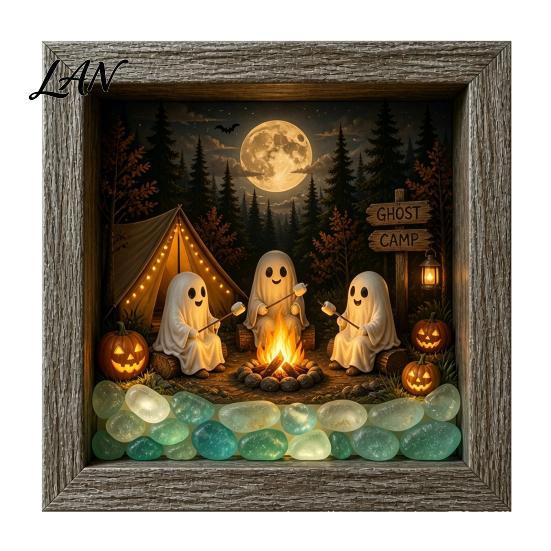 Small Halloween Figures Lighted Frame Ornaments, Light Up Shadow Box, Warm Festive Party Supplies Atmosphere LED Lights for Home Living Room