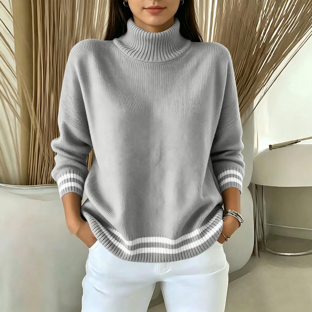 Women's Casual Striped Mock Neck Sweater, Loose Fit Long Sleeve Knit Pullover Top