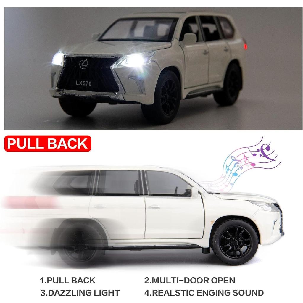 1/32 Scale Lexus LX570 Off-Road In Luxury SUV Model Car, Zinc Alloy Pull Back Toy Car with Sound and Light for Kids Boy Girl Gift