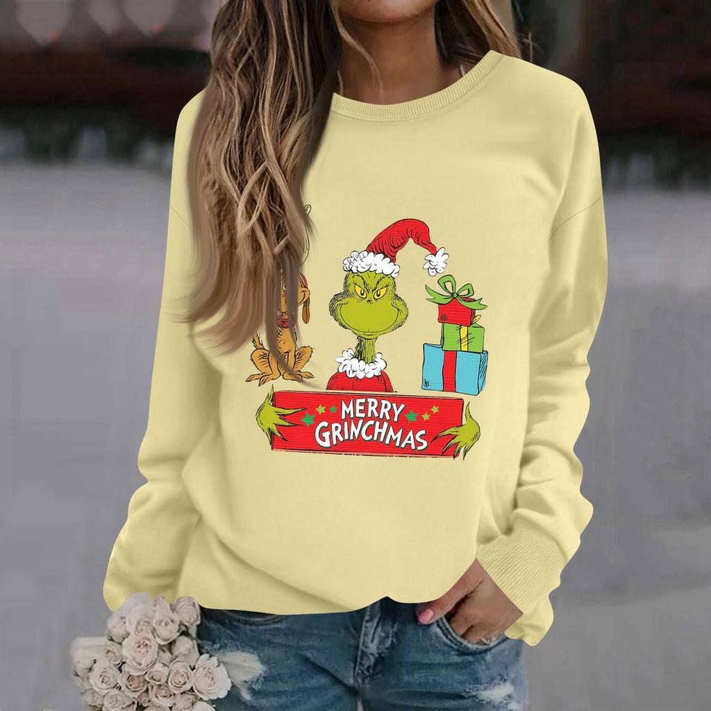 Women's Fashion Casual Long Sleeve Solid Color Christmas Printed Round Neck Top Sweatshirt