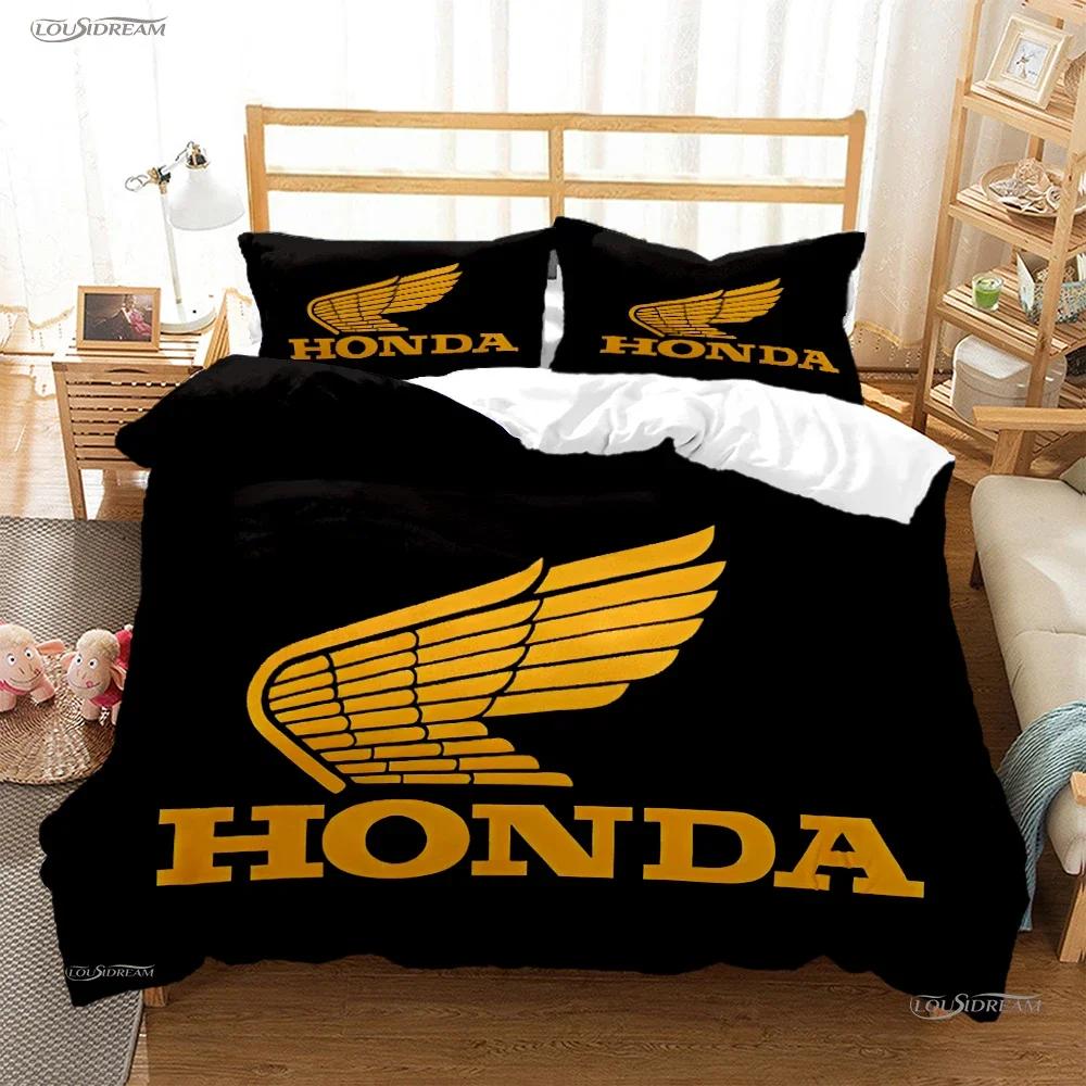 HRC-H-Hondas Motorrad Logo Bettbezug Bettdecke Bettwäsche-Sets Weiche Steppdeckenhülle und Kissenbezüge für Jugendliche Einzel-/Doppel-/Q-Queens-/King