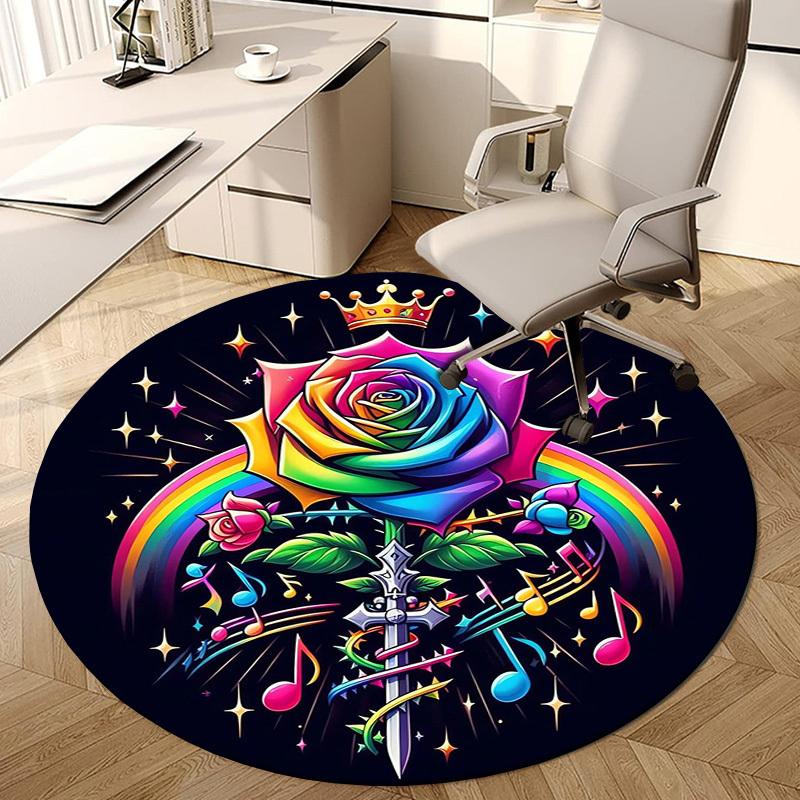 1pc Office Carpet Chair Mats Rainbow Rose with Crown and Music Notes Perfect for Decorating Office Chairs, Living Rooms, Or Bedrooms