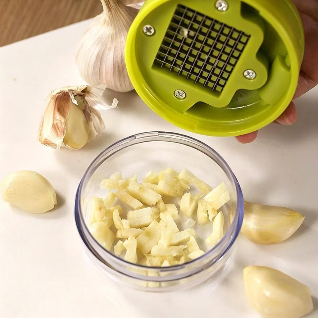 2-in-1 Garlic Press & Slicer With Storage Container, Manual Stainless Steel Mincer Grinder, Ergonomic Handheld Kitchen Tool
