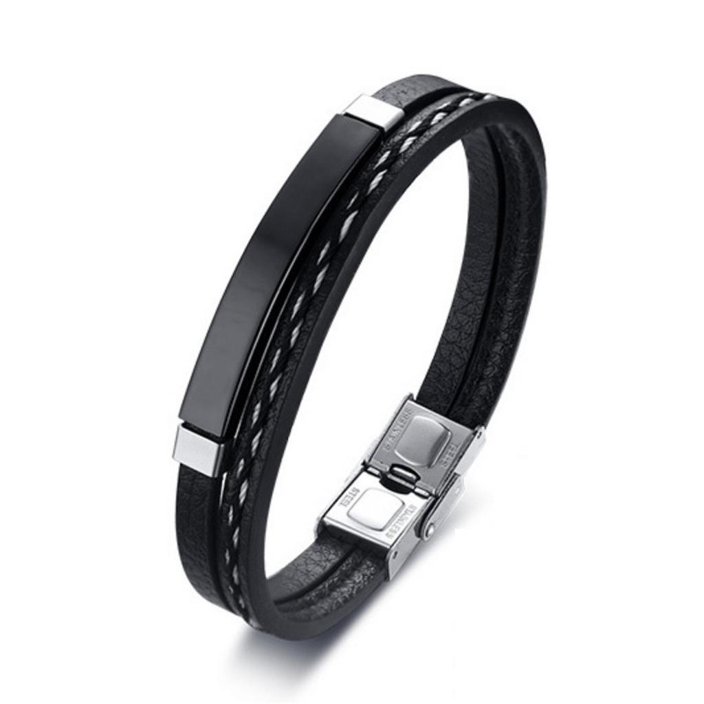 1 Men's Wish Stainless Steel Leather Bracelet With Curved Pu Leather Woven Bracelet For Travel Wear And Accessories-805091