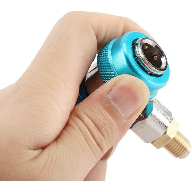Quick Coupler R134A A/C Low Side Blue 90 Connector Air Conditioning Adapter with Extractor Valve Core, 1/4 Inch Male