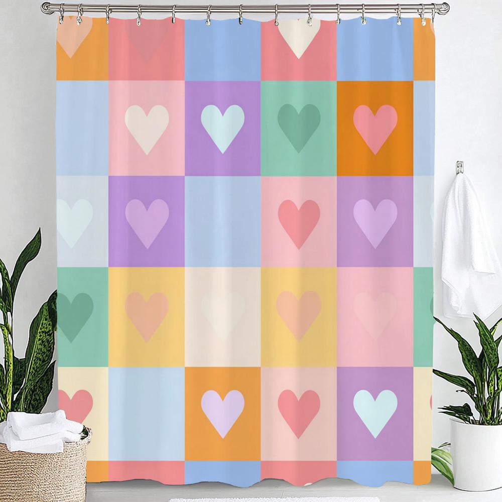 1Pc Heart Shaped Valentine S Day Shower Curtain - With Hooks Print Polyester Shower Curtain Bathroom Decoration Hanging Curtain
