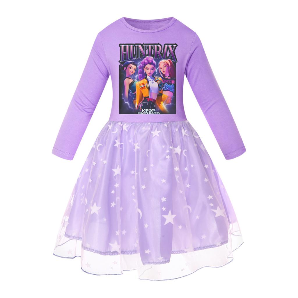 Mädchen Sternenmuster Rock Rundhals Langarm Buntes Spitzen-Patchwork Kleid