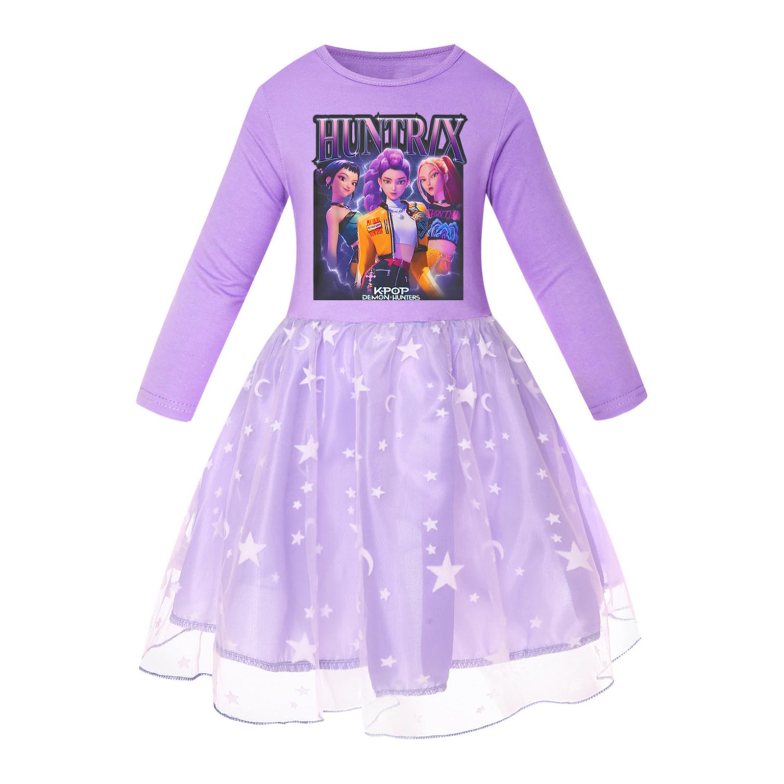 

Девичье платье с юбкой со звездным принтом, круглым вырезом, длинными рукавами и красочным кружевным пэчворком 130