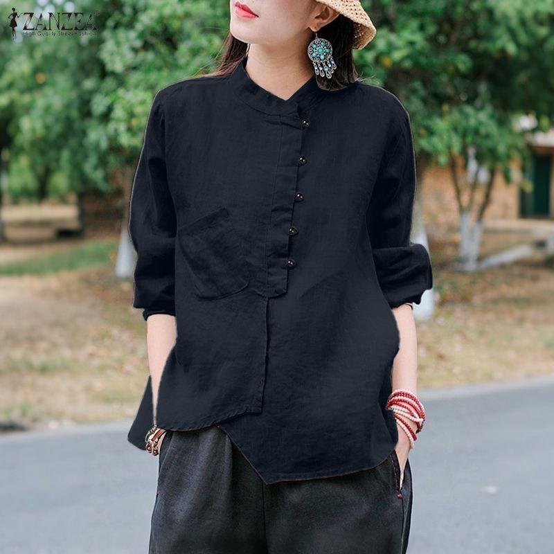 ZANZEA Women Casual Round Neck Solid Color Long Sleeve Retro Blouse